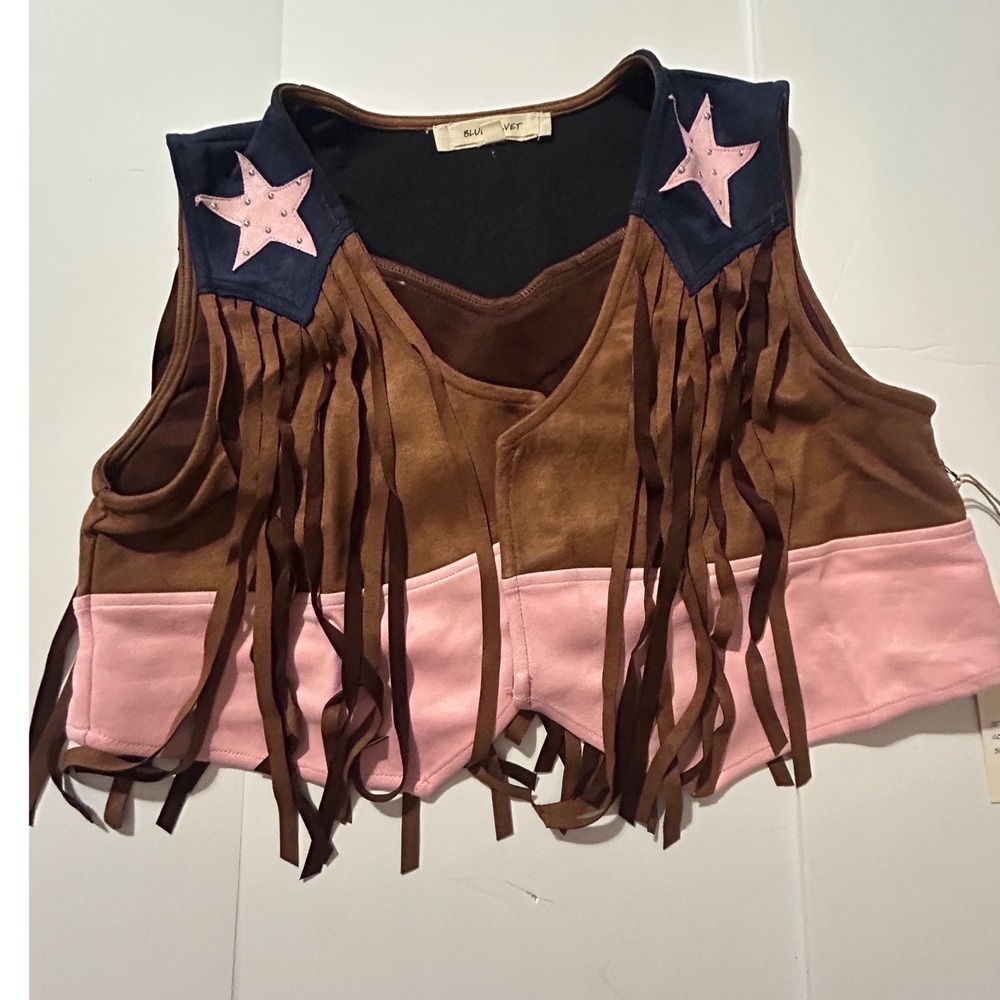 Blue Velvet Women Brown Pink Star Studded Fringe Western Crop Vest Medium